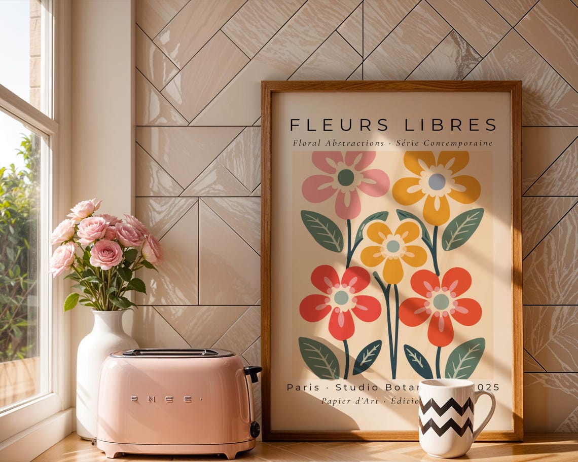 Fleurs Libres Five Colorful Blooms Parisian Botanical Poster