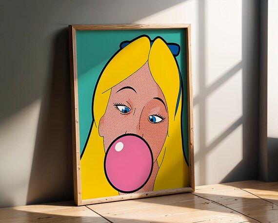 Pop Art Blonde Girl Bubblegum Wall Retro Comic Style Poster Whimsical Wonderlandinspired Print Bold Colourful Home Decor