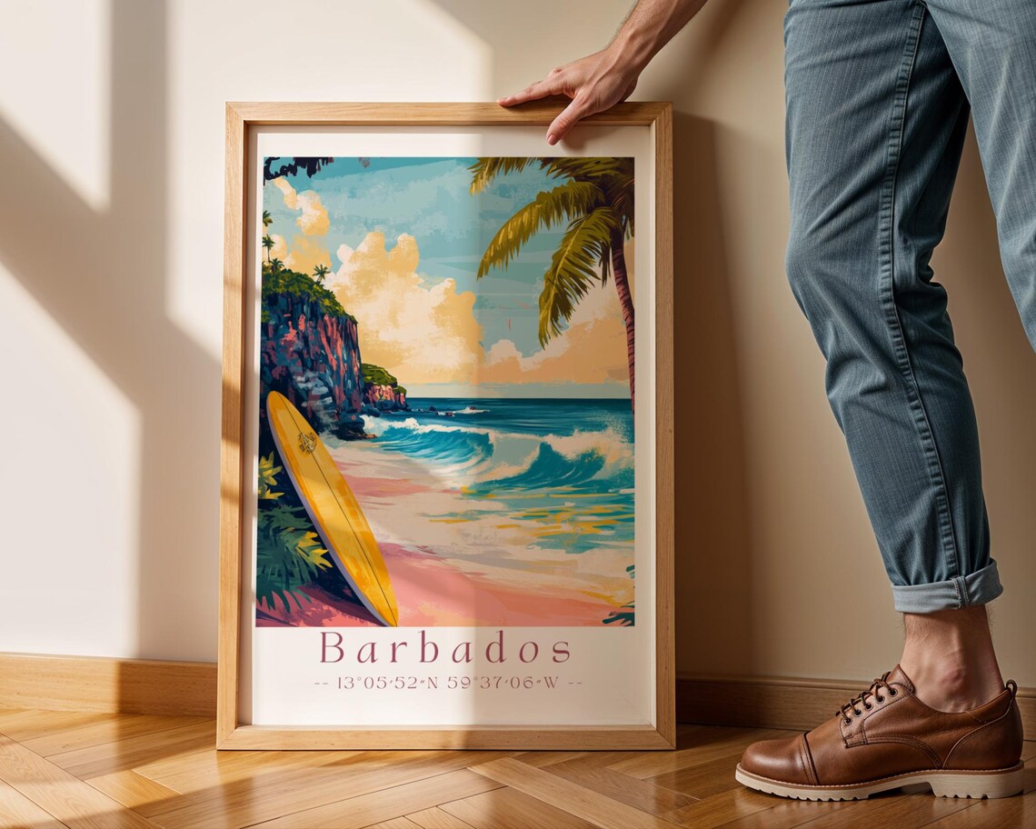 Barbados Beach Travel Poster, Tropical Coastal Decor
