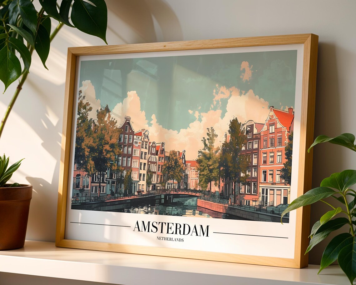 Amsterdam Canal Gabled Houses Vintage Netherlands Travel Poster