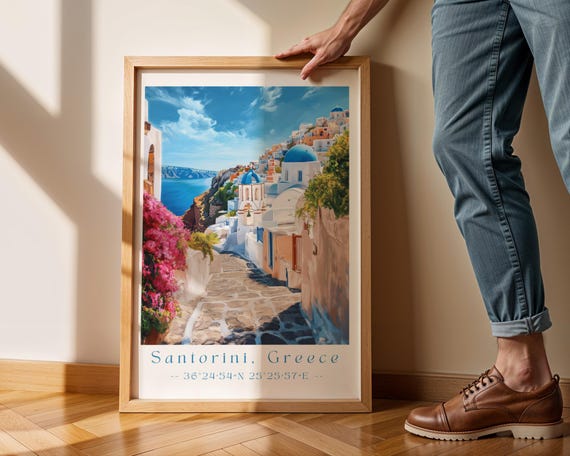 Santorini Greece Wall Art Print Greek Island Travel Poster Blue Dome Mediterranean Decor Coastal Scenic Landscape Illustration