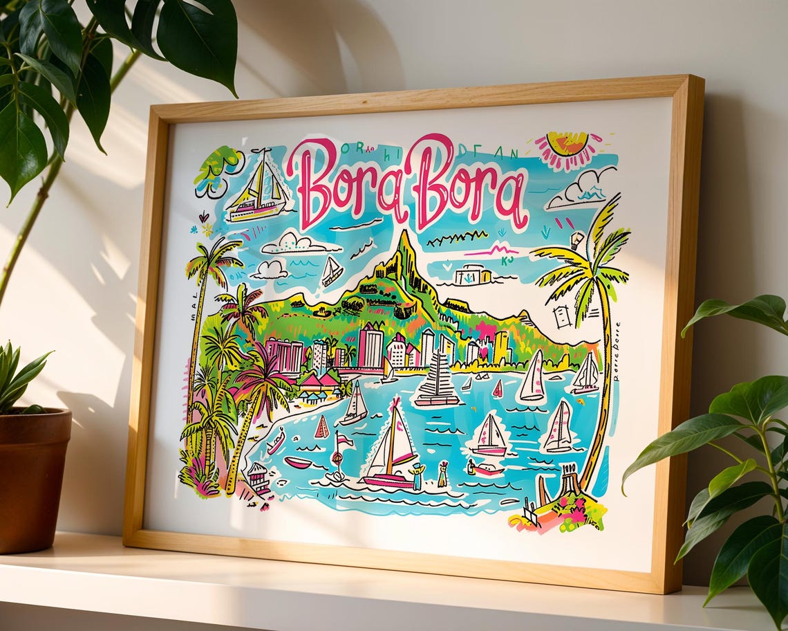 Bora Bora French Polynesia Colourful Illustrated Beach Travel Poster