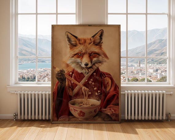 Fox Ramen Art Print Cute Animal Lover Gift Quirky Kimono Wall Decor Funny Noodle Poster For Playful Home Aesthetics