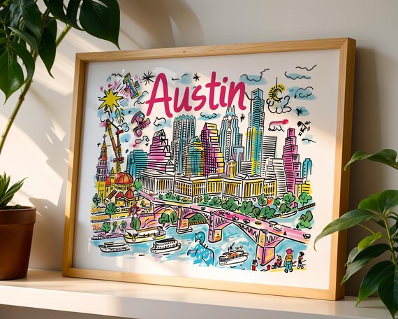 Austin Texas Colorful Doodle Cityscape Whimsical Skyline Poster