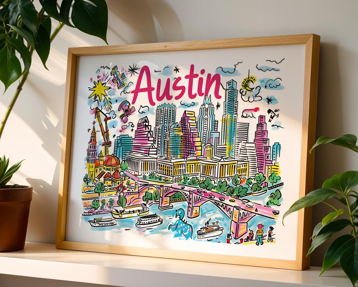 Austin Texas Colorful Doodle Cityscape Whimsical Skyline Poster