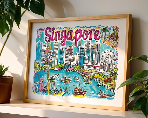 Singapore Colourful Illustrated Marina Bay Cityscape Skyline Poster
