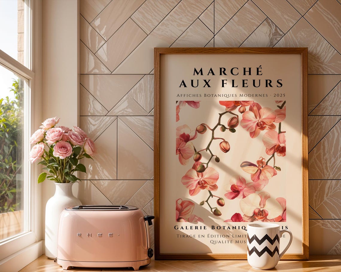 Graceful Marche Aux Fleurs Coral Orchid Stems Botanical Art Poster