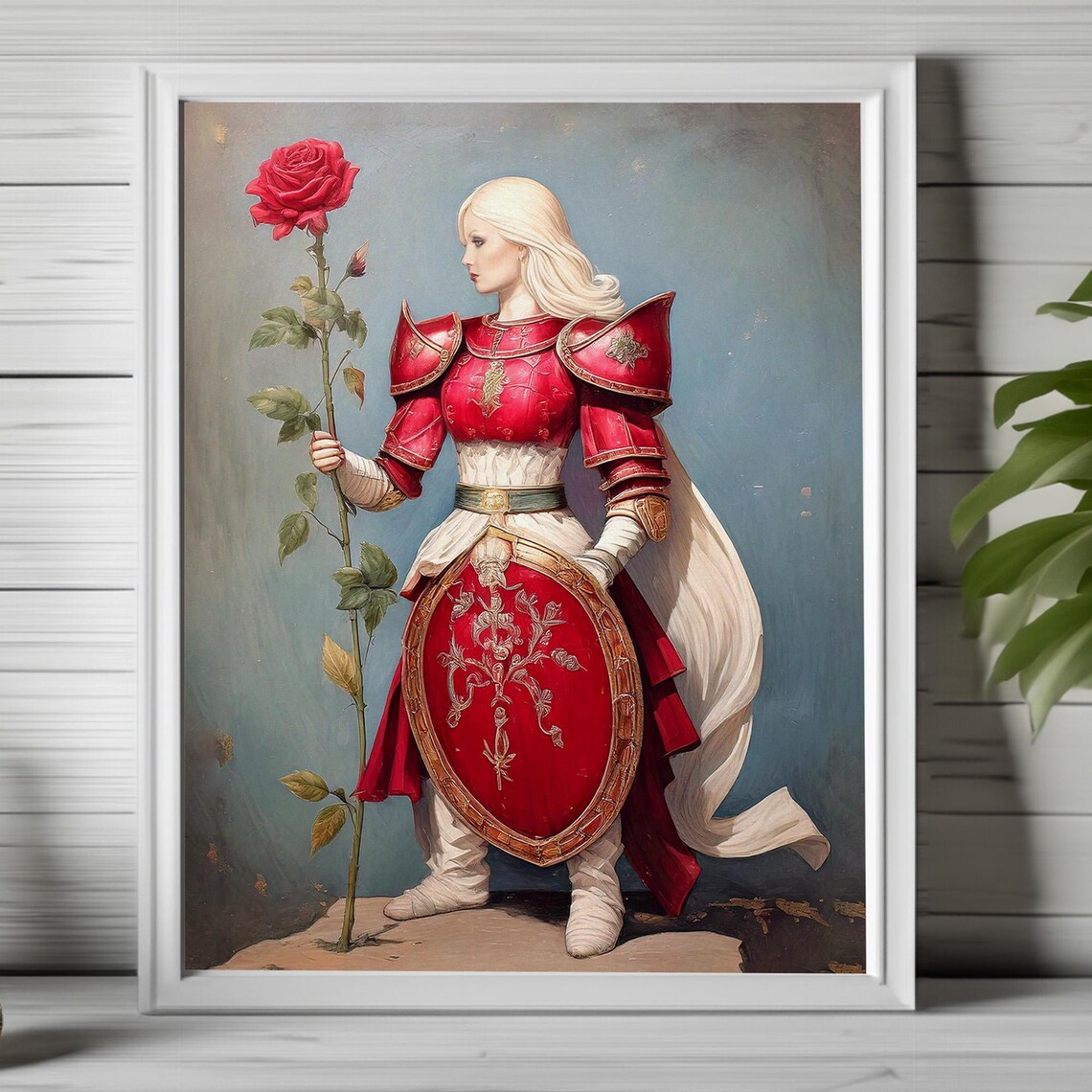 Female Knight in Red Armor Holding Red Rose Fantasy Warrior Poster