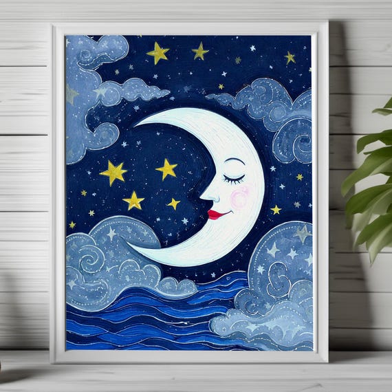 Celestial Wall Art Whimsical Moon Art Vintage Moon Illustration Crescent Moon Face Cosmic Artwork Starry Sky Print Celestial Decor 109