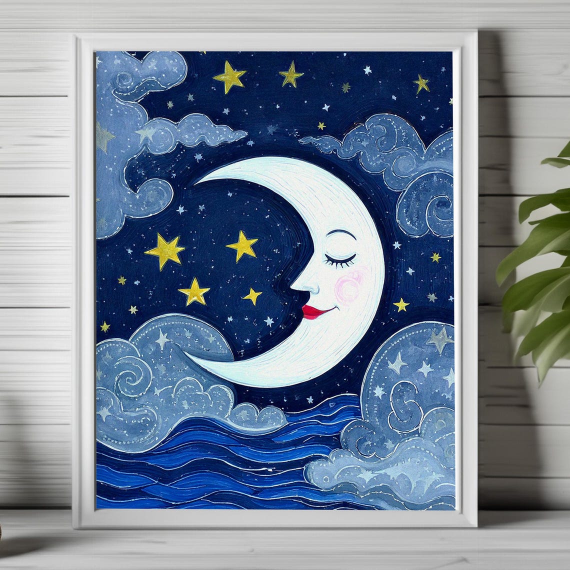 Celestial Wall Art Whimsical Moon Art Vintage Moon Illustration Crescent Moon Face Cosmic Artwork Starry Sky Print Celestial Decor 109