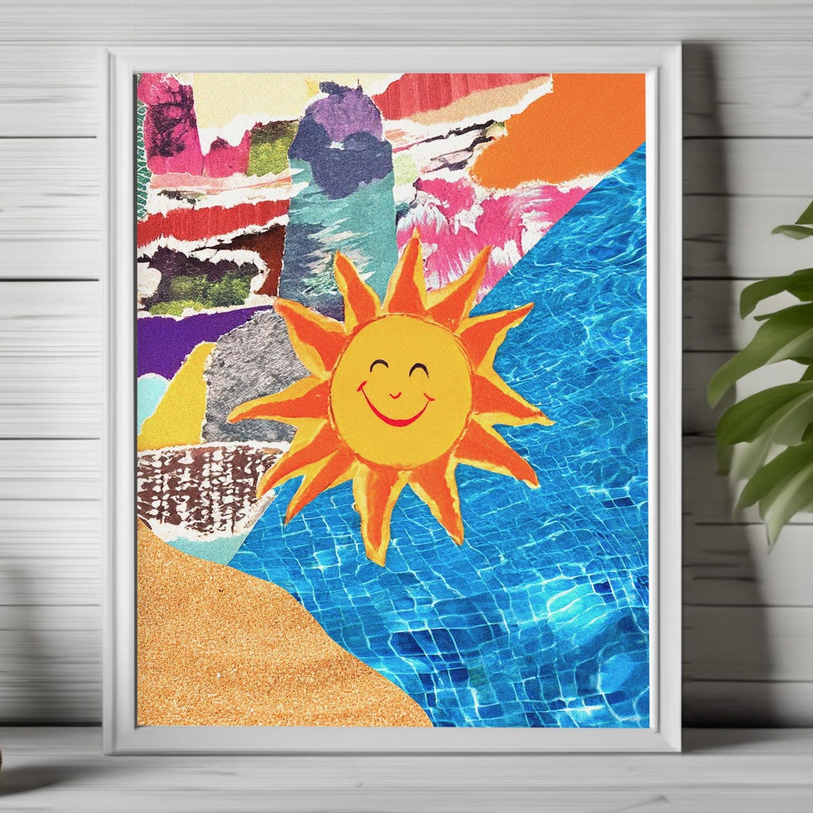 Retro Smiling Sun over Pool Beach Collage Mixed Media Art Poster