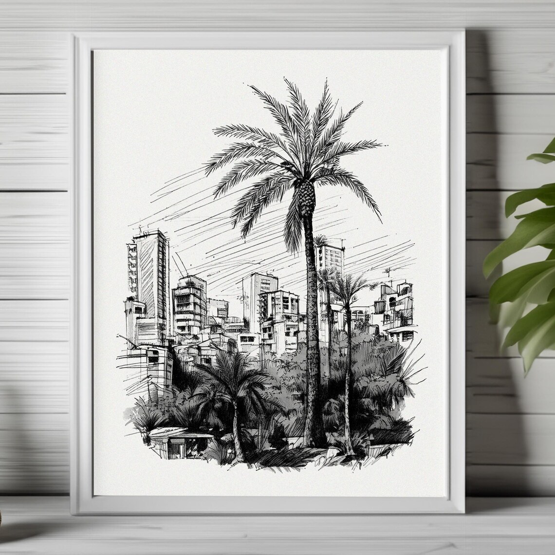 Tropical City Skyline Palm Trees Urban Sketch Black White Art Poster