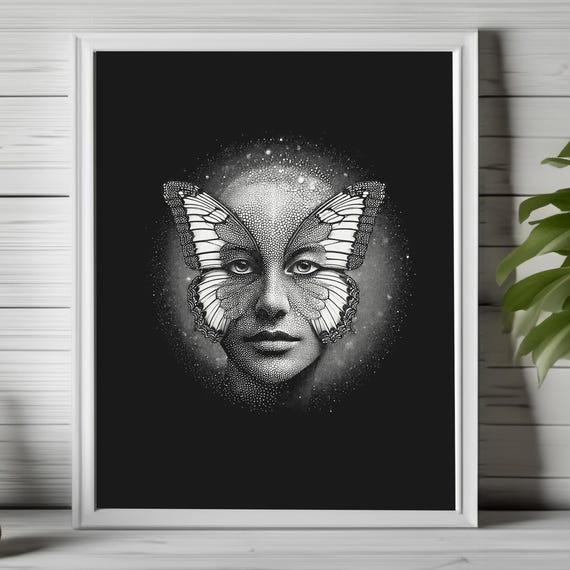 Spiritual Woman Art Modern Gothic Print Moody Wall Art Surreal Butterfly Print Fantasy Art Print Black And White Art Print 89