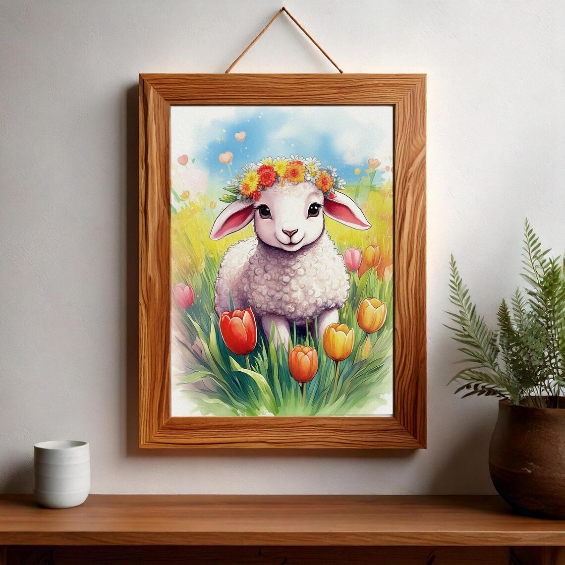 Cute Lamb with Flower Crown Among Tulips Spring Nursery Art Poster - Image 3