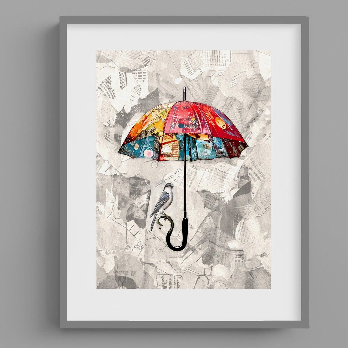 Colorful Patchwork Umbrella with Perched Songbird Collage Poster - Image 3
