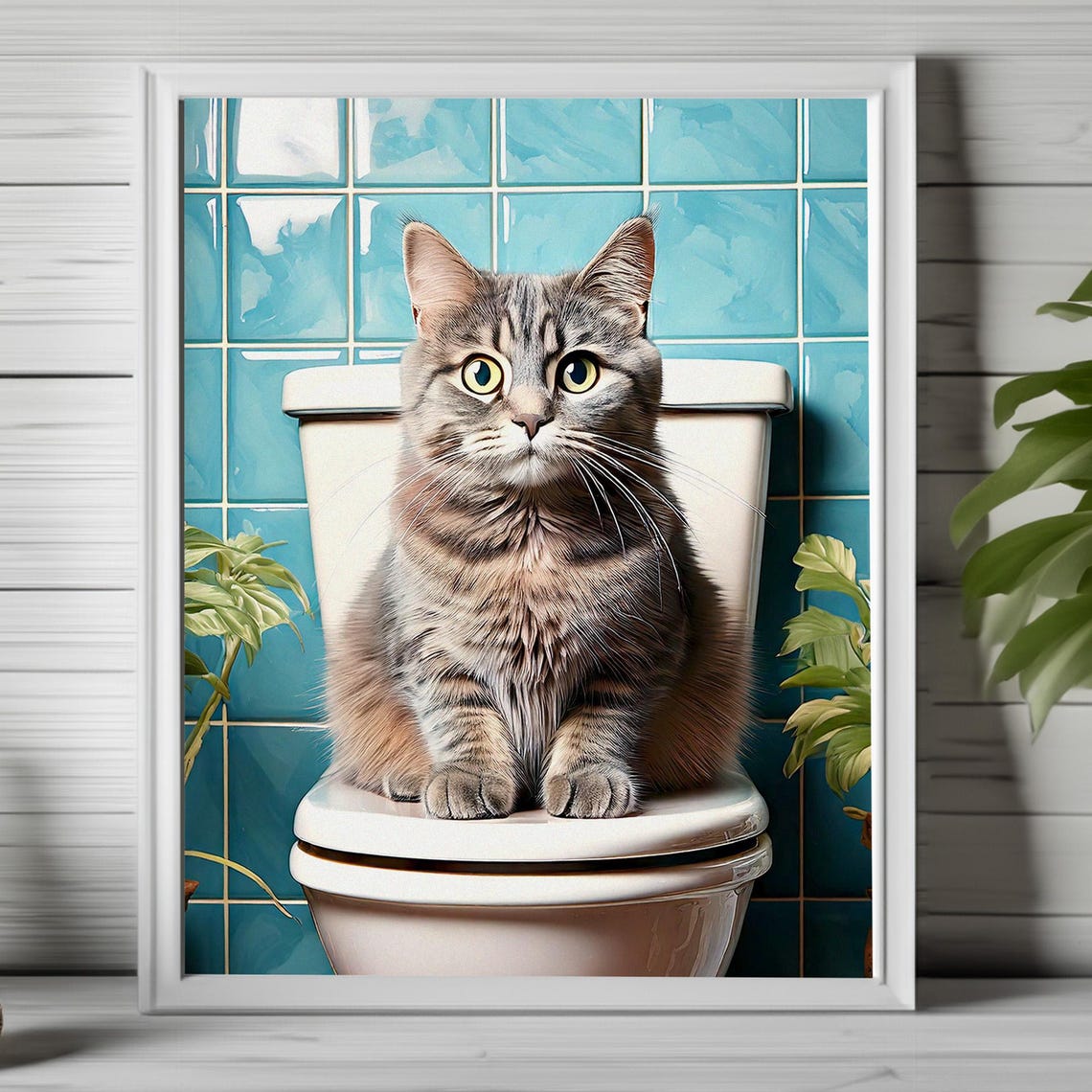 Funny Tabby Cat Sitting on Toilet Retro Bathroom Humor Poster