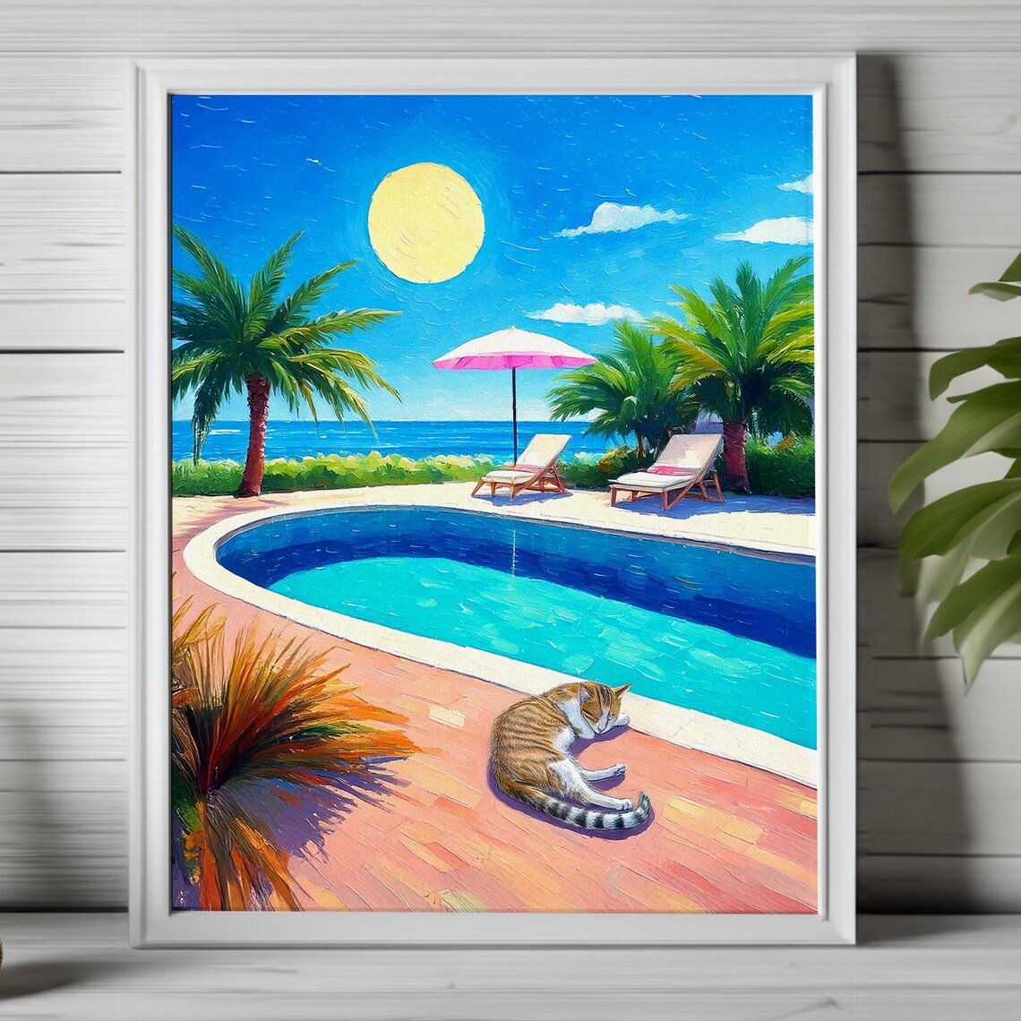 Beach Cat Art Print, Tropical Coastal Summer