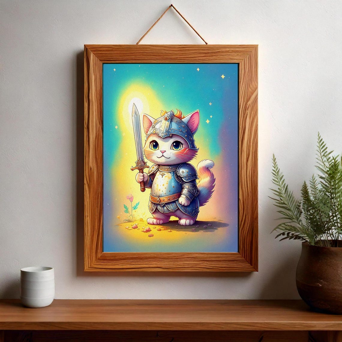 Cute Knight Cat with Sword in Armor Fantasy Whimsical Art Poster - Image 2
