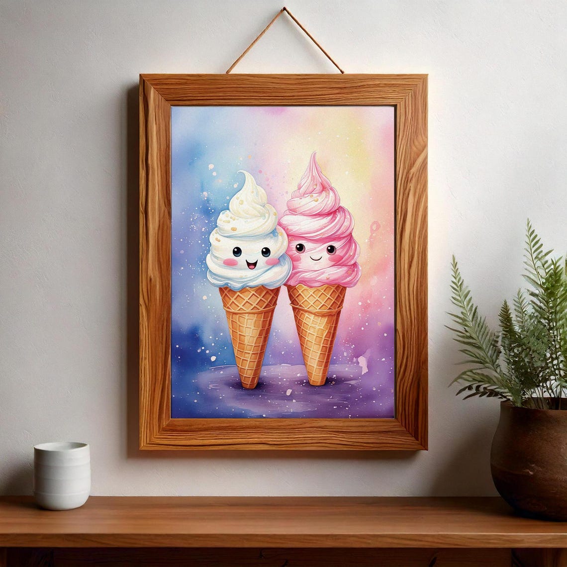 Cute Kawaii Ice Cream Cones with Faces Watercolor Kids Room Poster - Image 2