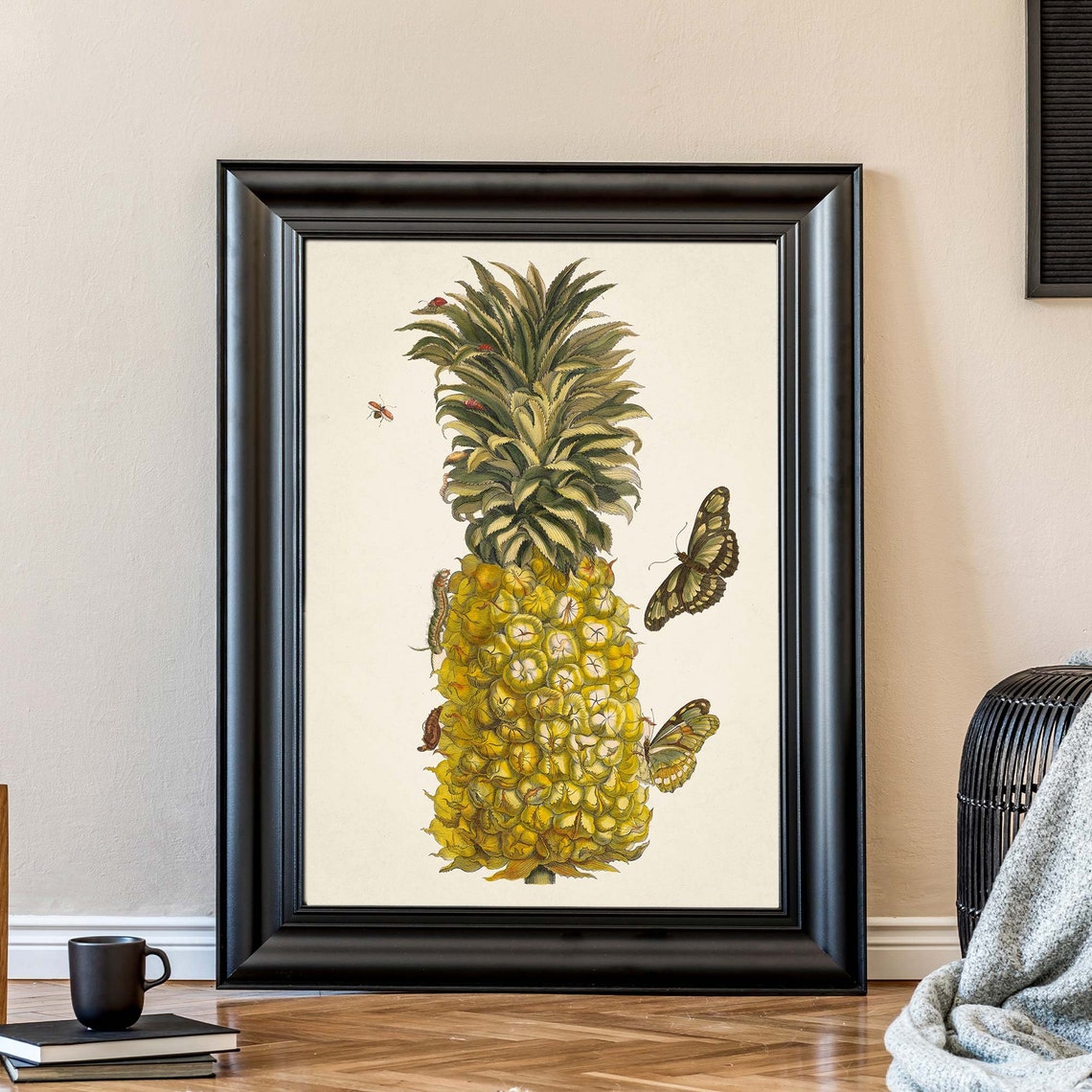 Vintage Pineapple Botanical Illustration With Butterflies Art Poster - Image 2