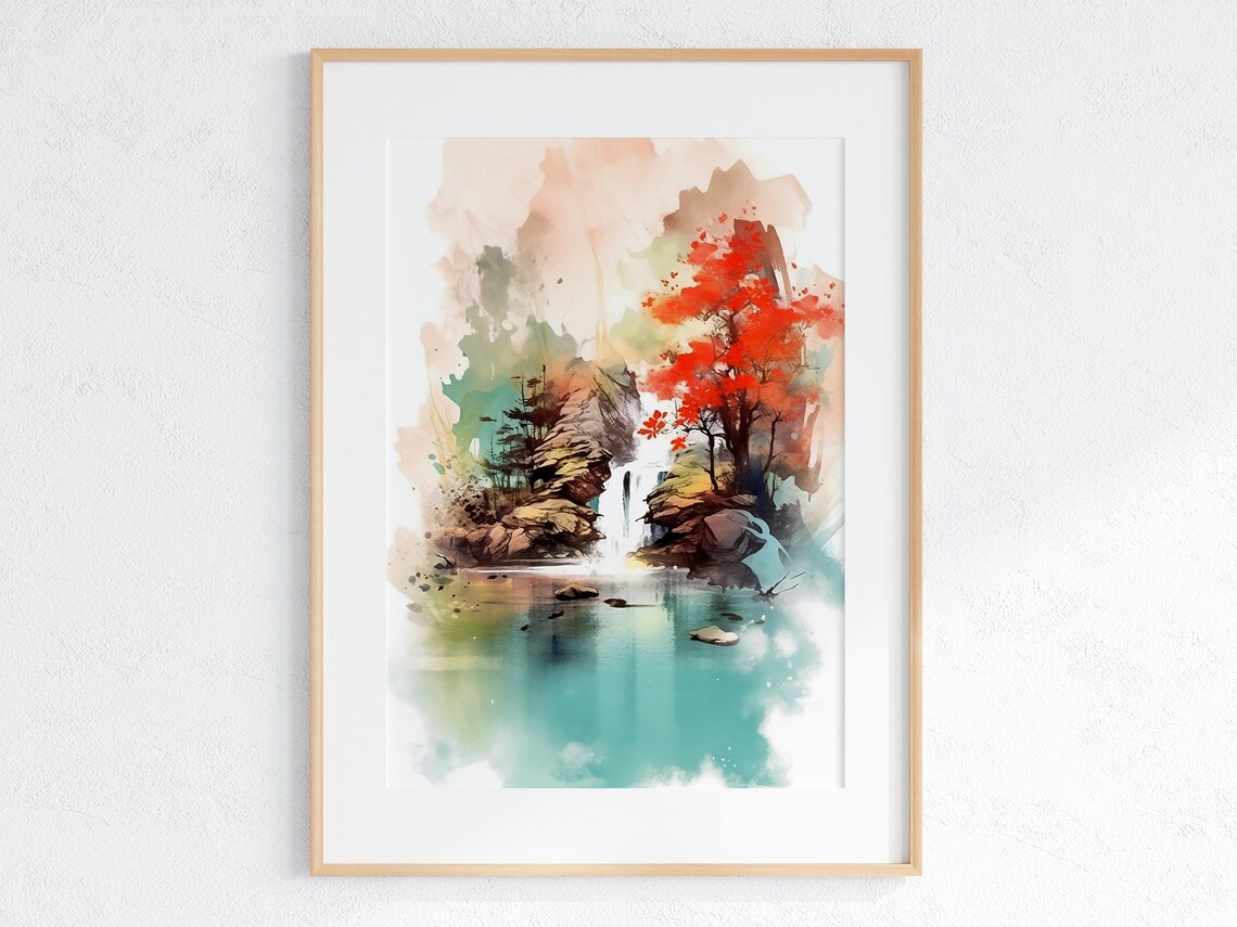 Japanese Waterfall Landscape Art Print, Oriental Style - Image 3