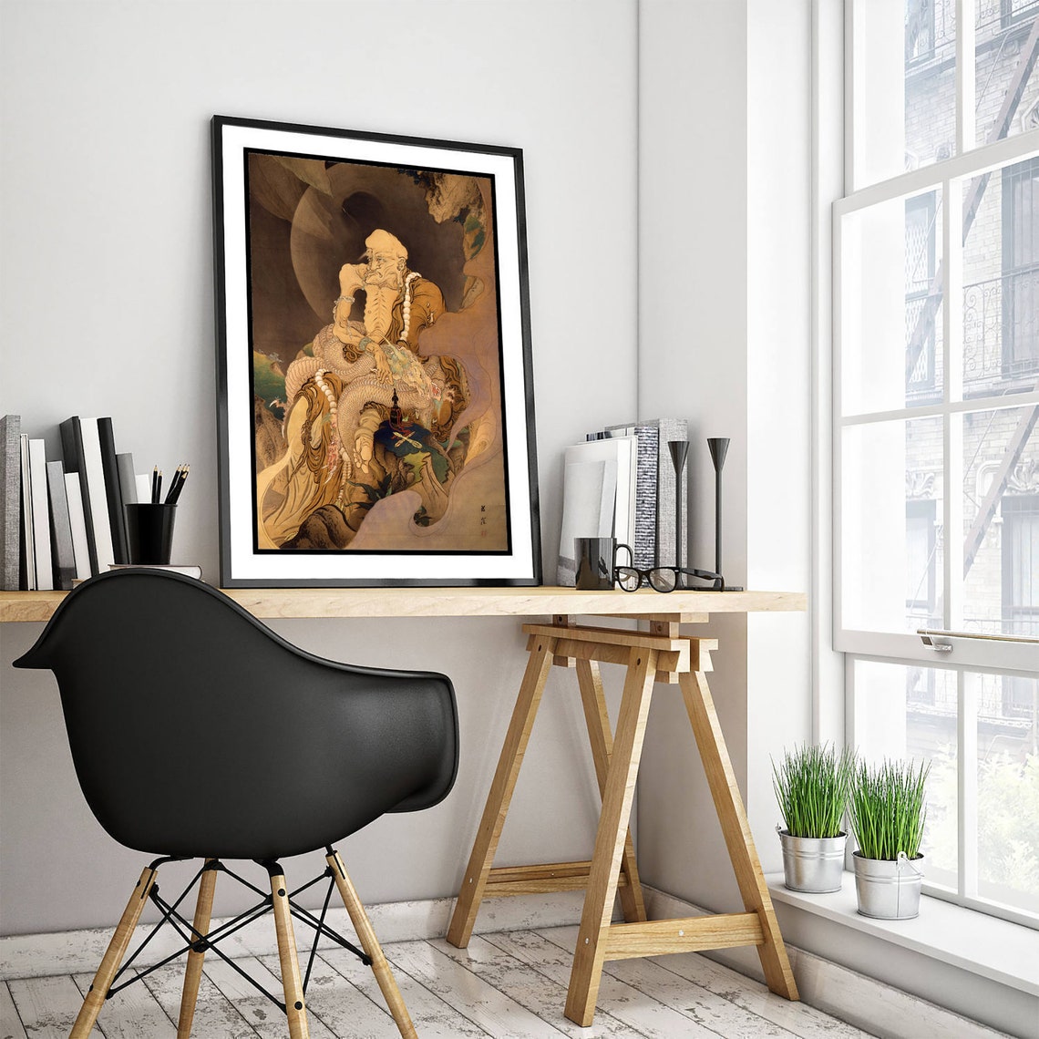 Fukuryu Rakan Elderly Arhat With Dragon Antique Japanese Ink Poster - Image 3