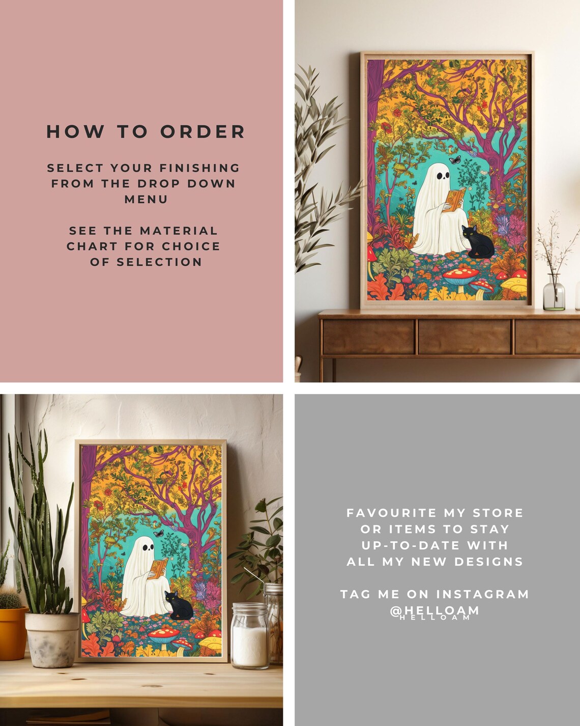 Cute Ghost Reading Book In Colorful Forest With Black Cat Halloween Poster - Image 3