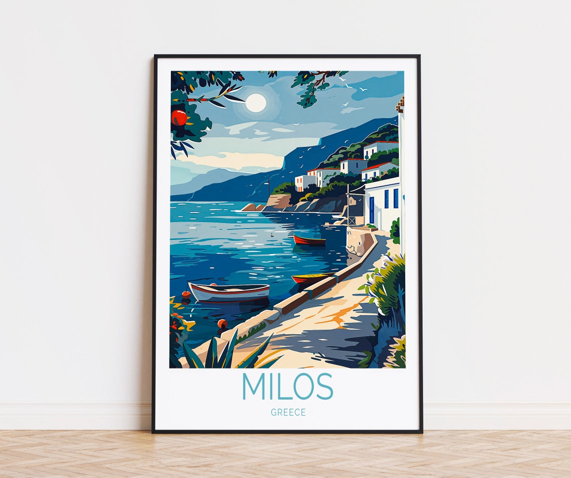 Milos Greece Harbor Fishing Boats Whitewashed Village Poster