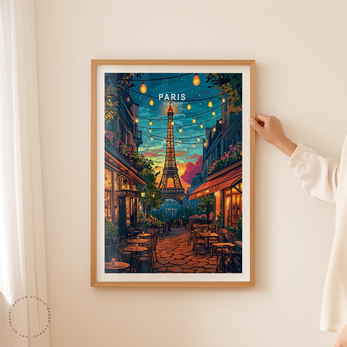 Paris France Eiffel Tower Dusk Cafe Street String Lights Poster - Image 2