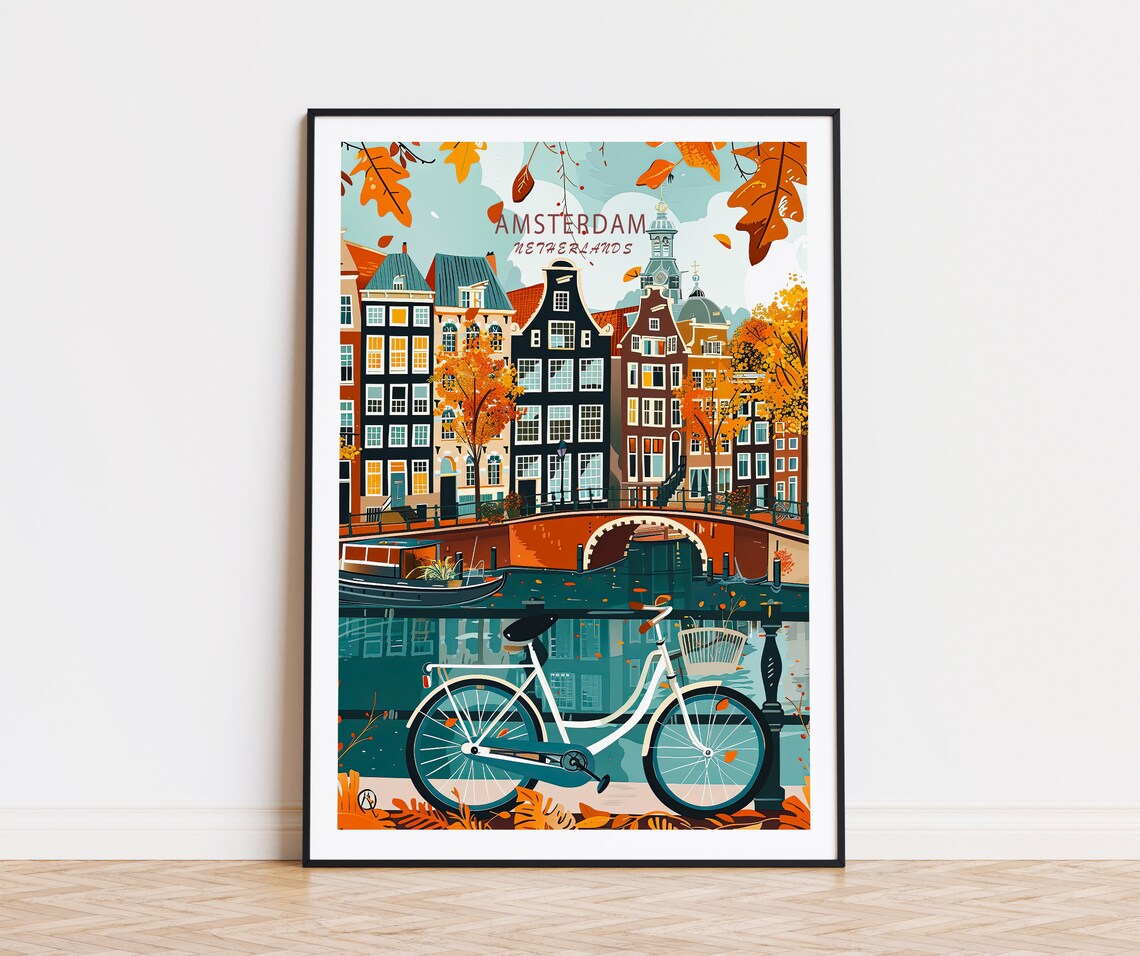 Amsterdam Netherlands Canals Autumn Bicycle Travel City Poster