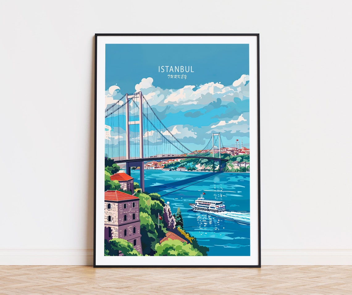 Istanbul Turkey Bosphorus Bridge With Ferry On Blue Water Poster