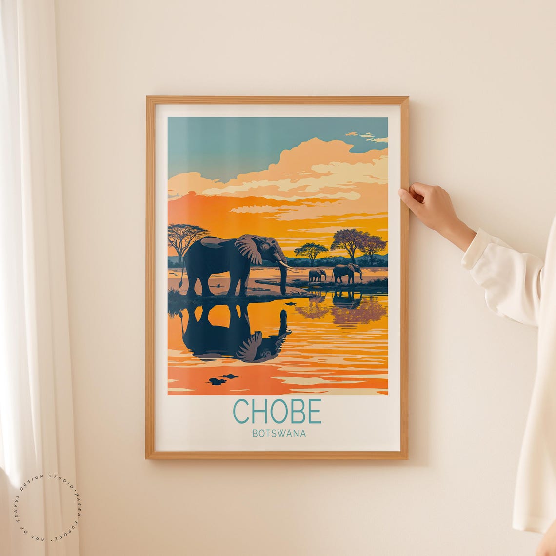 Chobe Botswana Elephants Drinking at Sunset Waterhole Travel Poster - Image 2