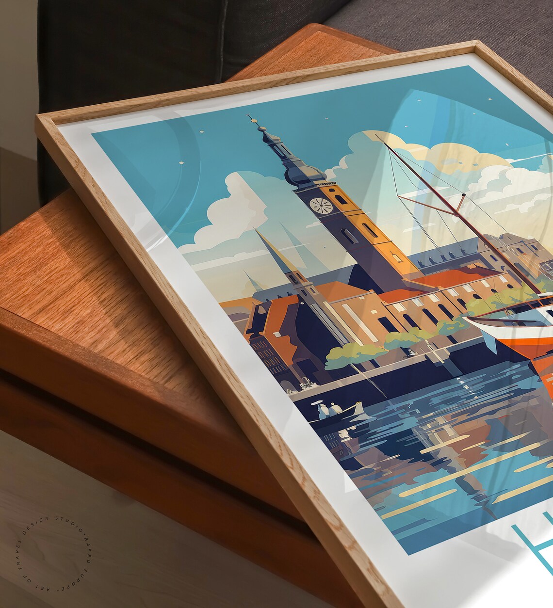 Hamburg Germany Harbor Sailboat Clock Tower Retro Travel Poster - Image 3