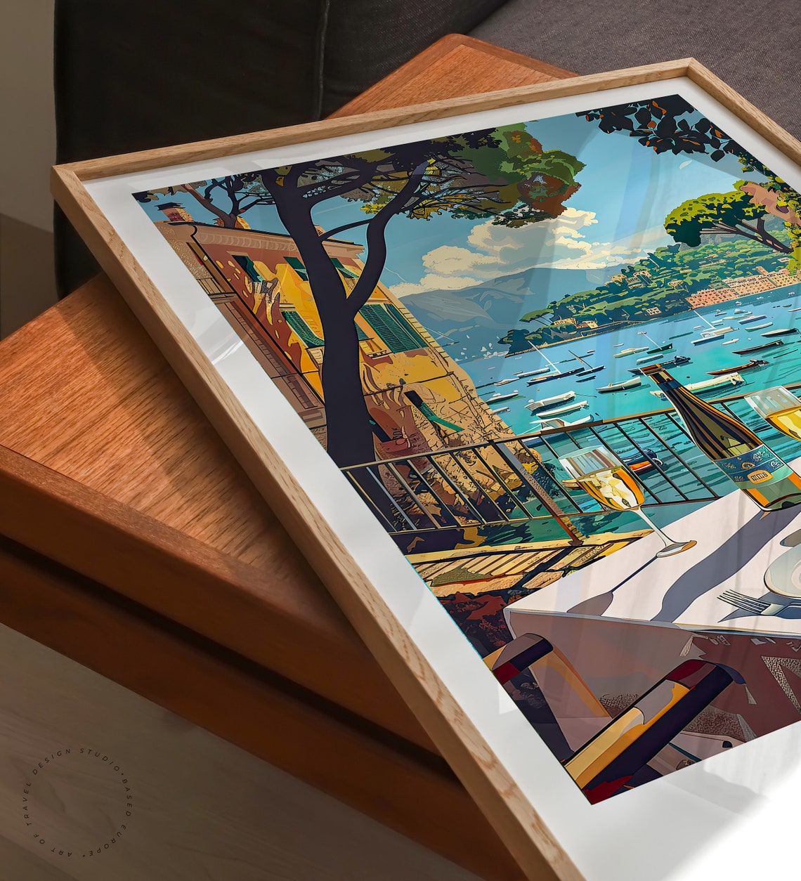 Genoa Italy Harbor Terrace Wine and Lunch Waterfront Scene Poster - Image 3