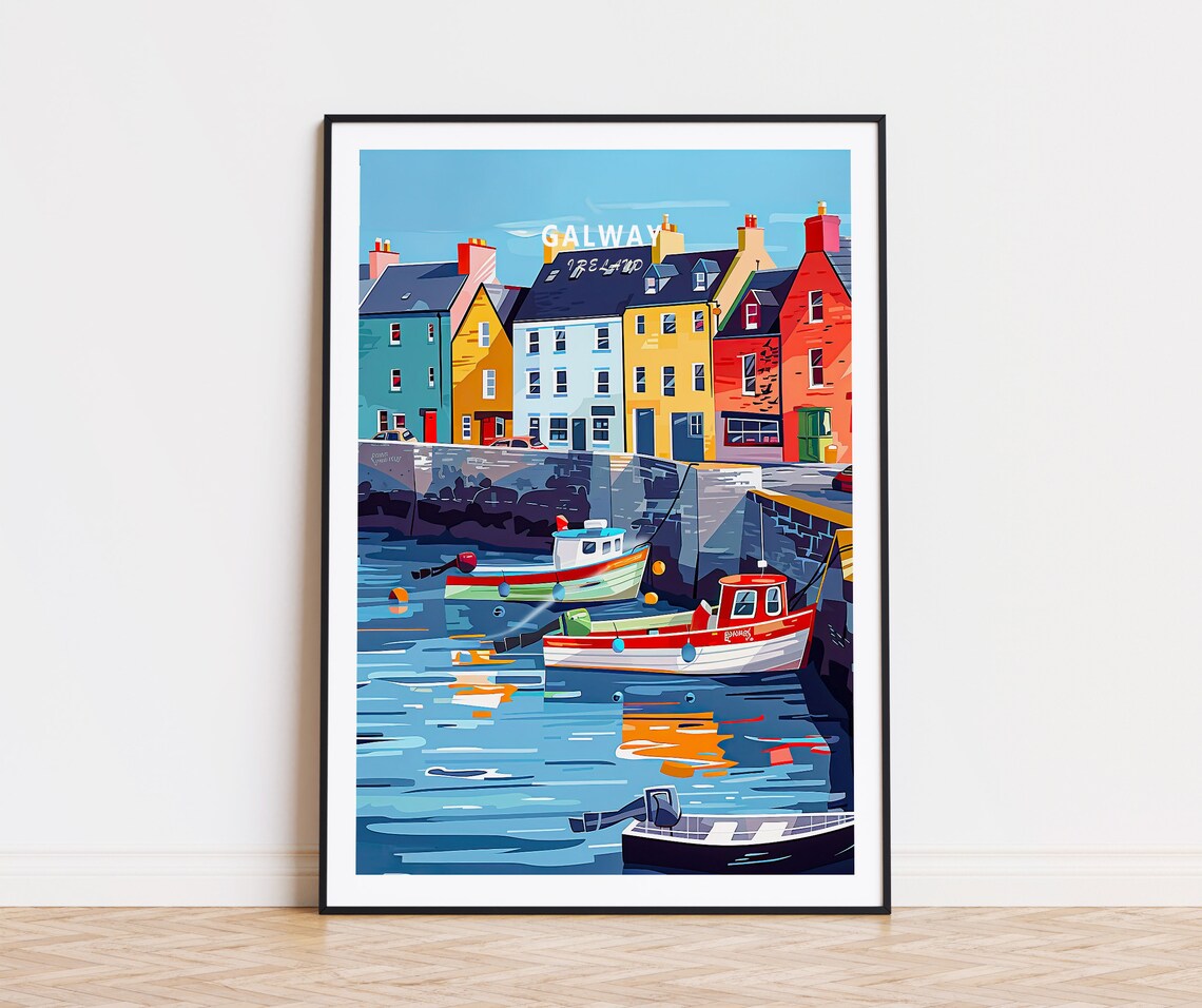 Galway Ireland Colorful Harbor Boats Quayside Top Title Poster
