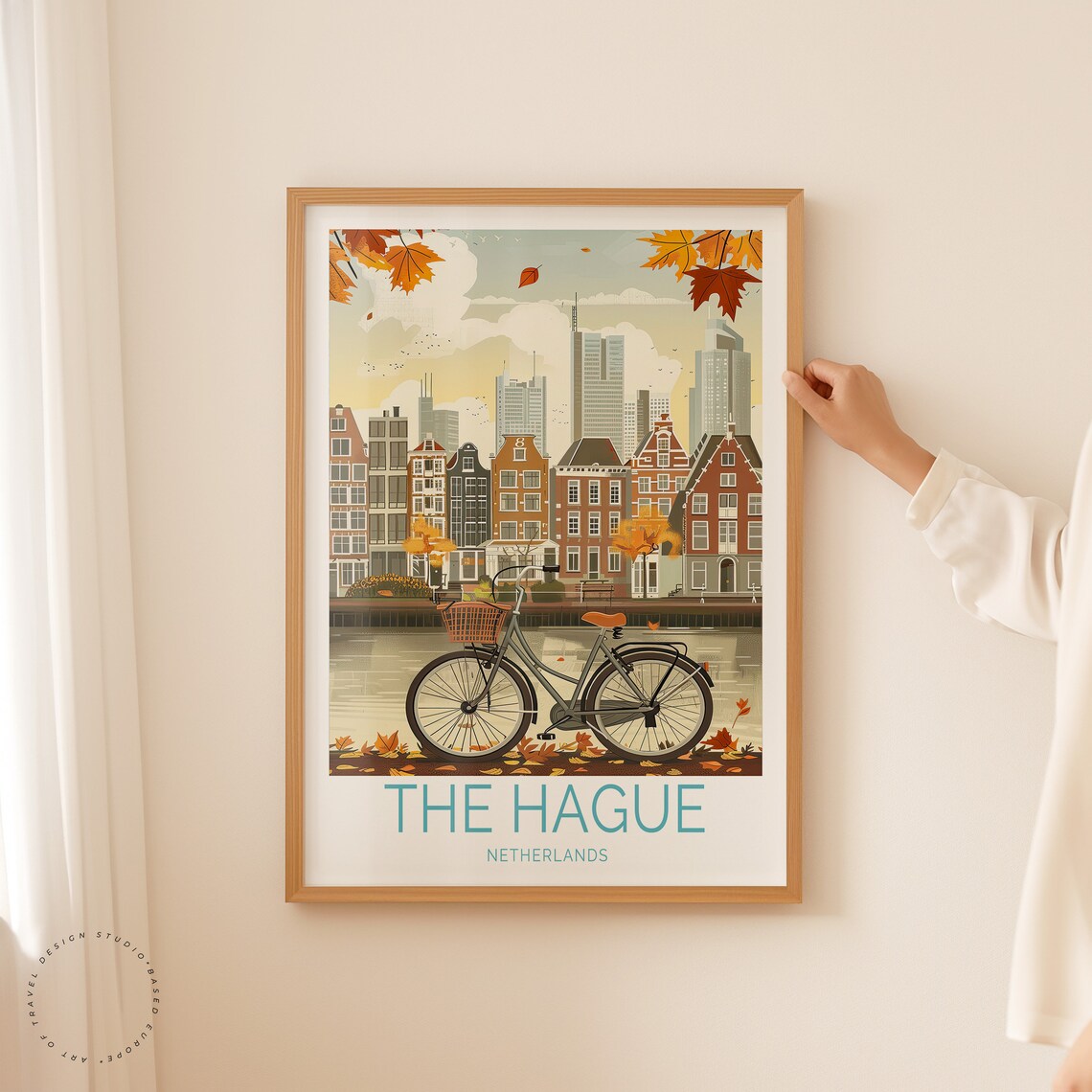 The Hague Netherlands Bicycle Autumn Canal City Travel Poster - Image 2