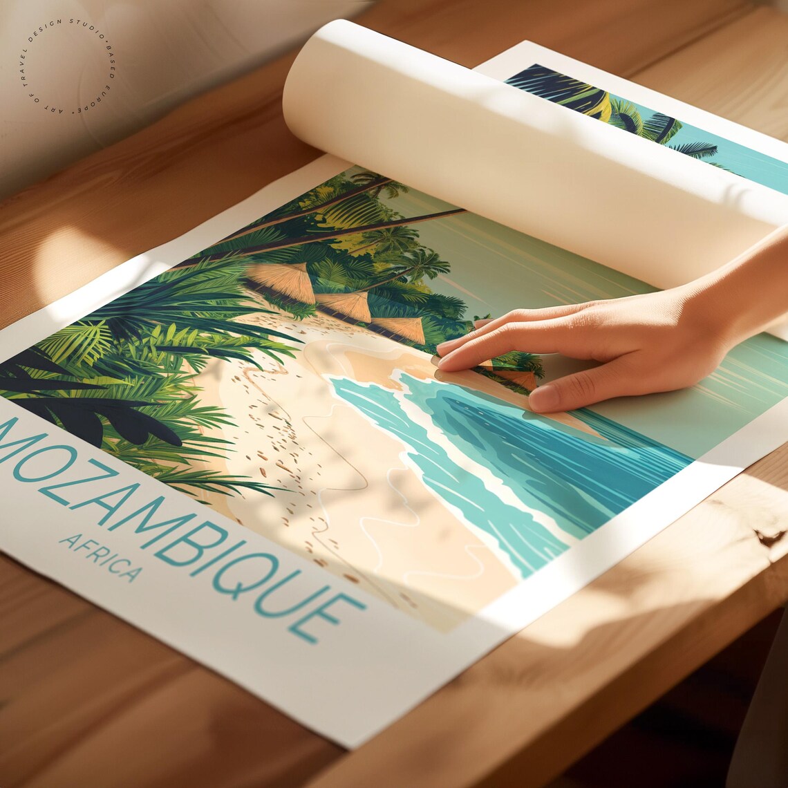 Mozambique Africa Tropical Palm Beach Huts Turquoise Shore Art Poster - Image 2