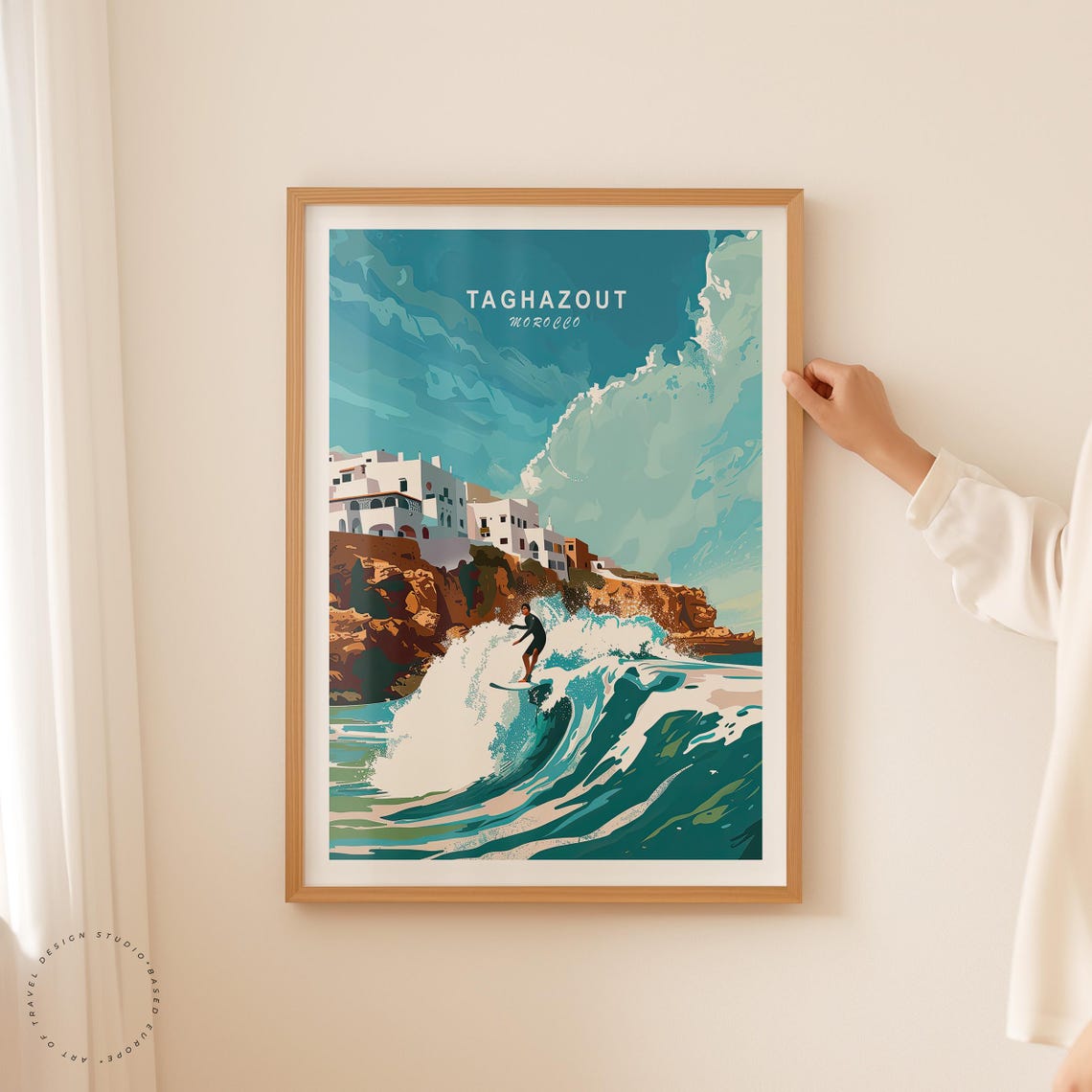 Taghazout Morocco Surfer Riding Big Wave Cliffs Village Travel Poster - Image 2