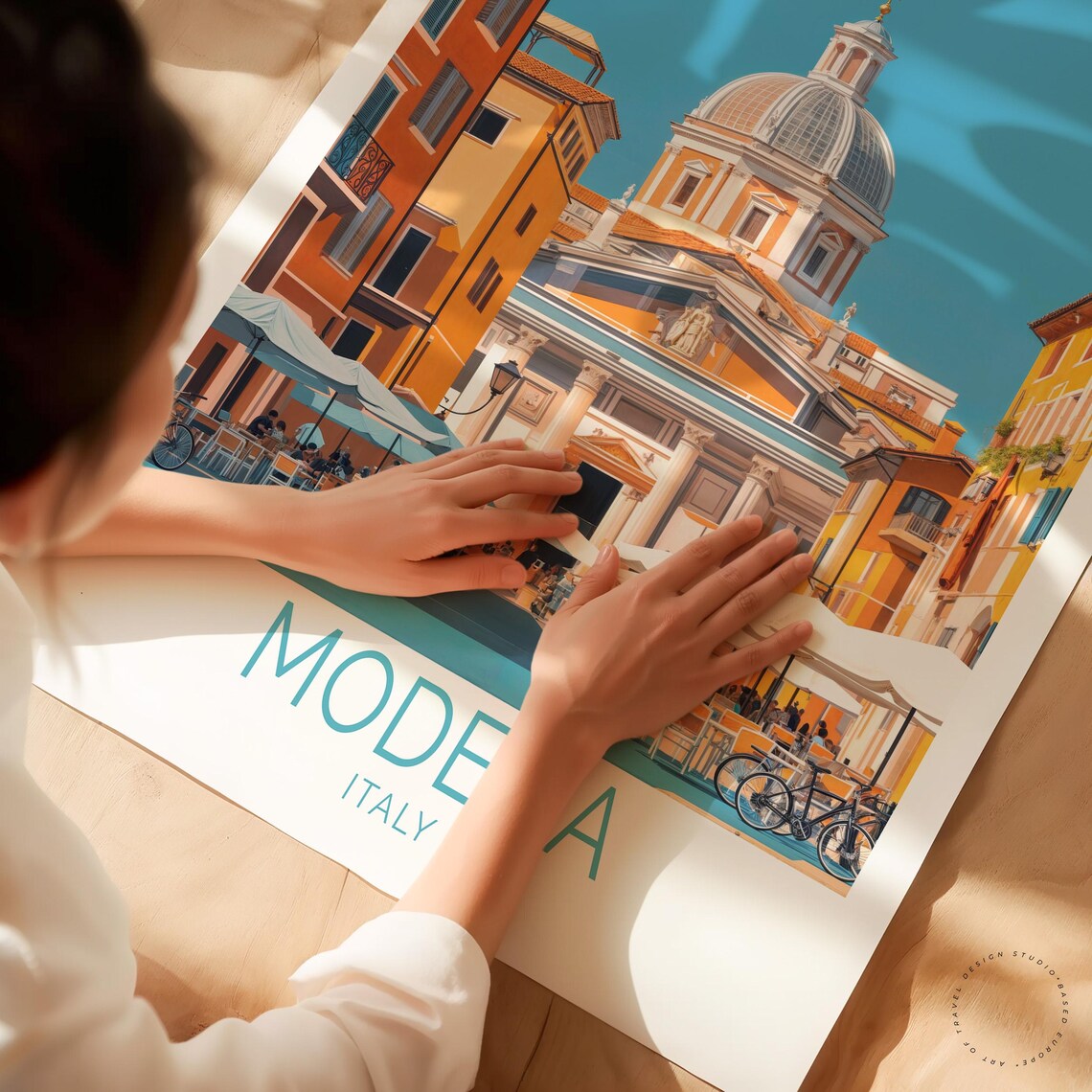 Modena Italy Cathedral Square Cafe Umbrellas Sunny Travel Poster - Image 3