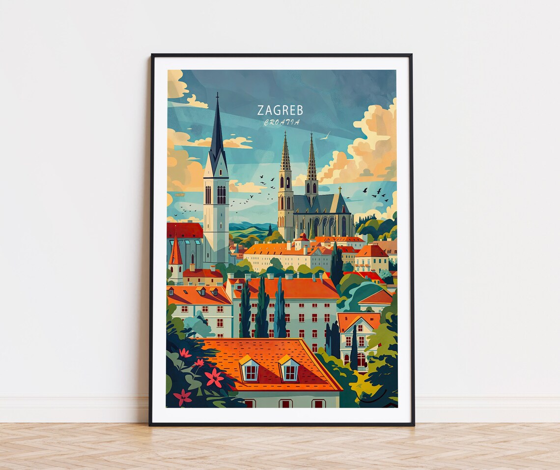 Zagreb Croatia Cathedral Twin Spires Red Rooftop Skyline Poster