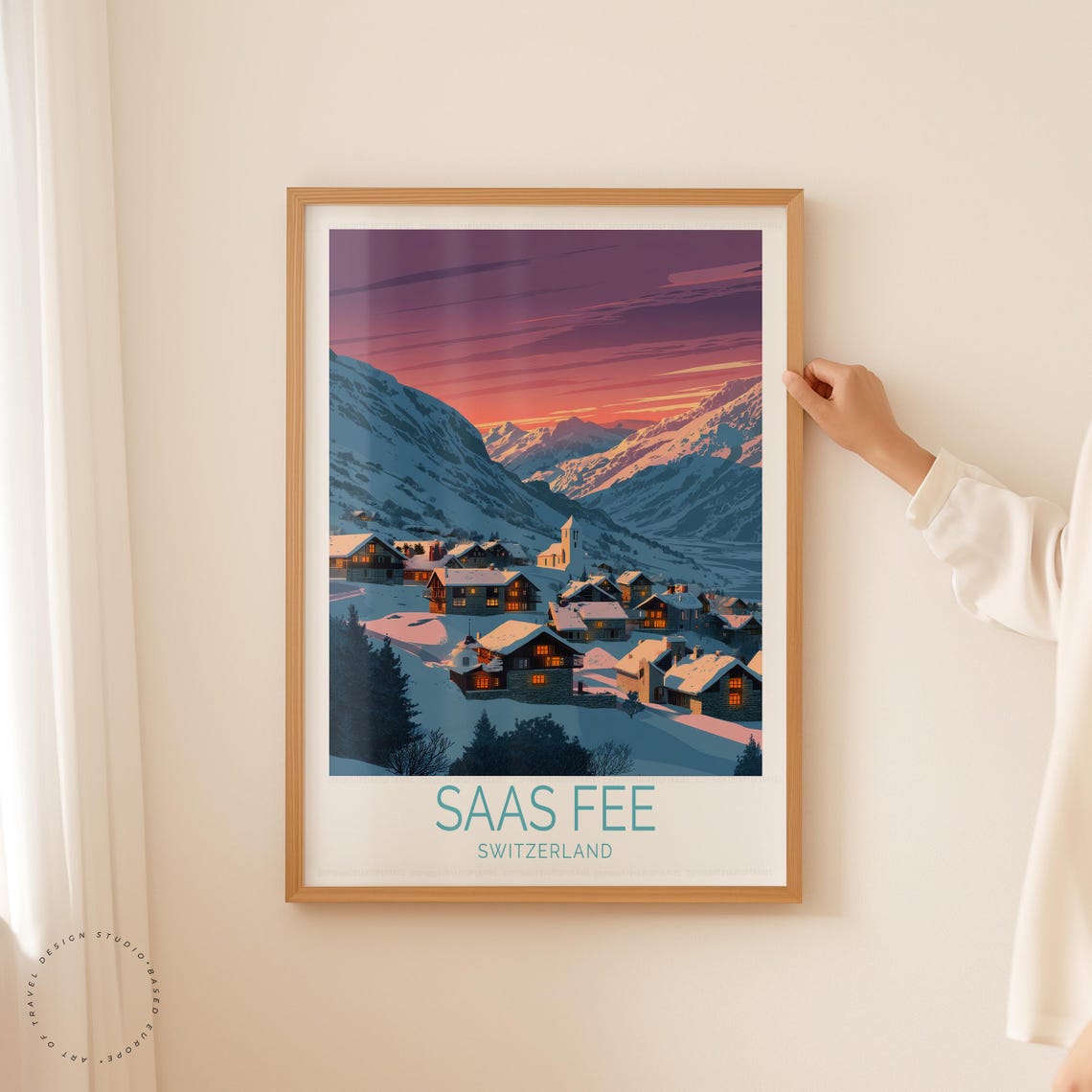Saas Fee Switzerland Snowy Chalets Glowing Windows Sunset Poster - Image 5