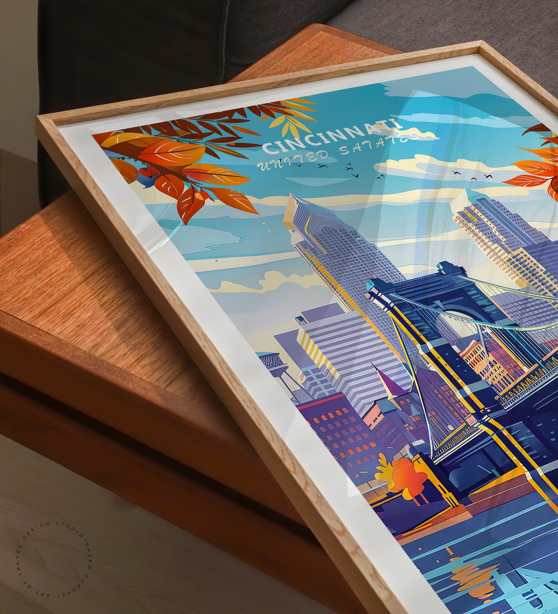Cincinnati Ohio Roebling Bridge Autumn Skyline Travel Poster - Image 3