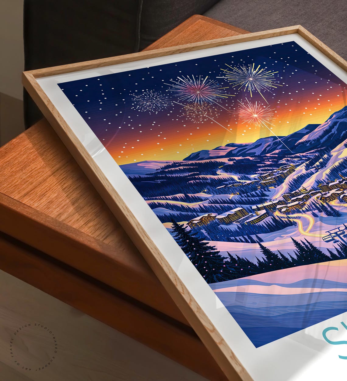 Sun Valley Idaho Fireworks Over Snowy Ski Village At Night Poster - Image 3
