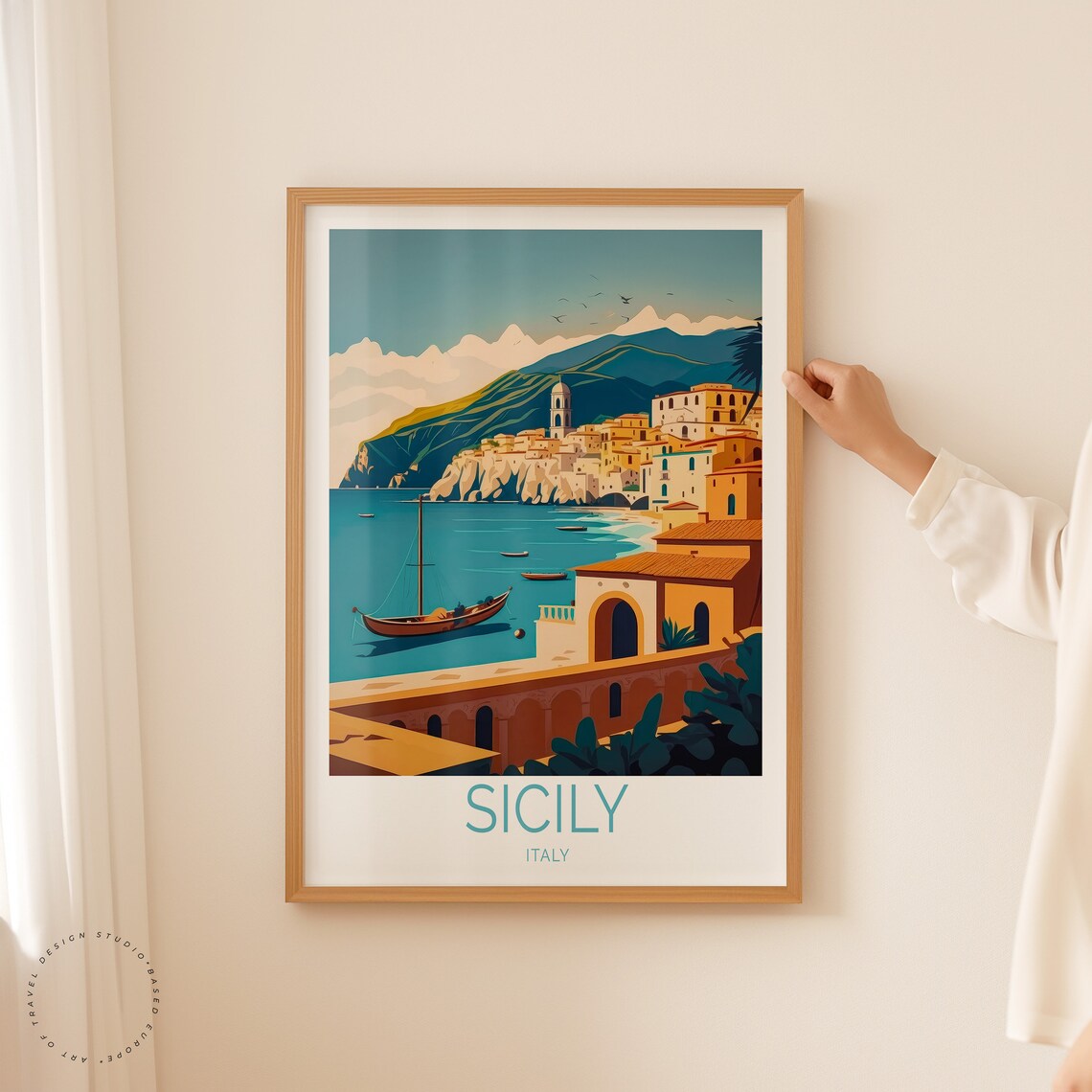 Sicily Italy Coastal Town Cliff Boats Mediterranean Sea Wall Art - Image 2