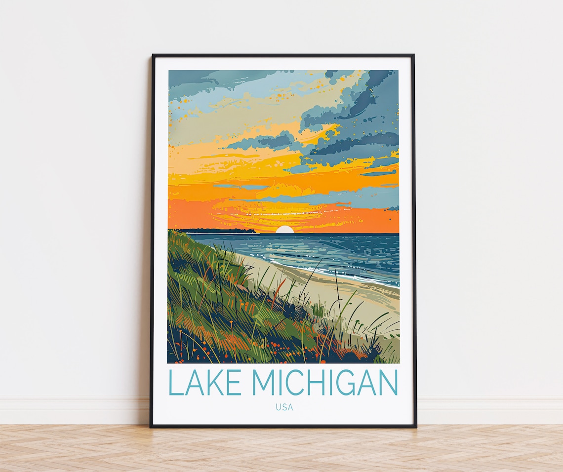 Lake Michigan Sunset Travel Poster, USA Wall Art