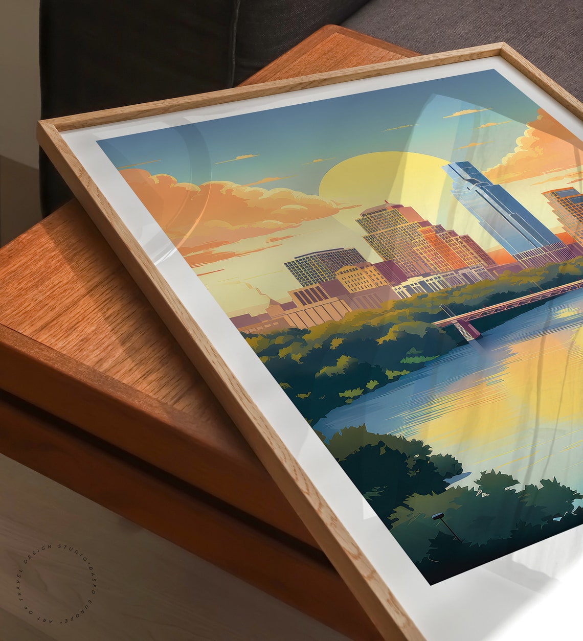 Austin Texas Downtown Sunset Skyline River Bridge View Poster - Image 3
