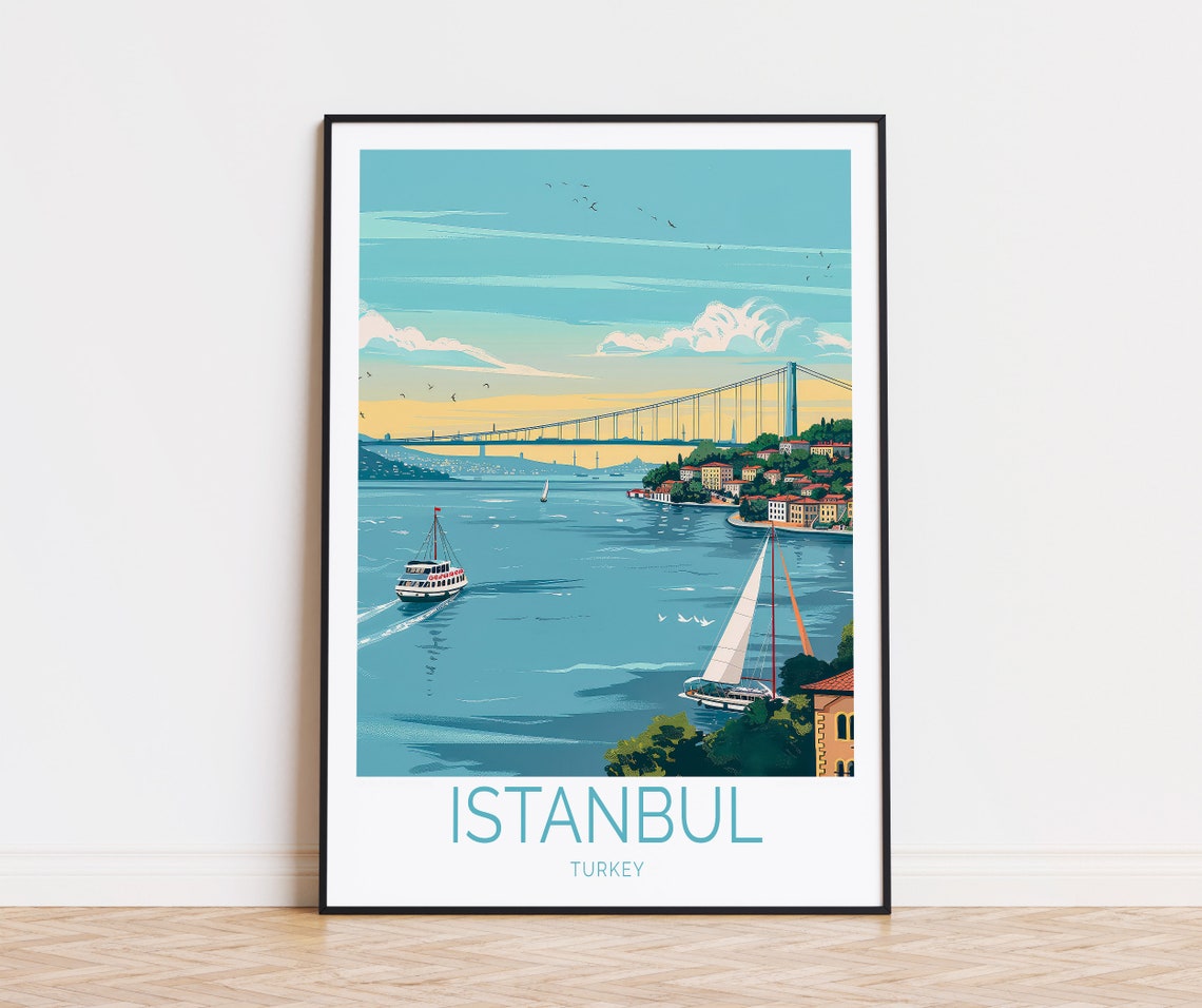 Istanbul Turkey Bosphorus Bridge Ferry And Sailboat At Dusk Poster