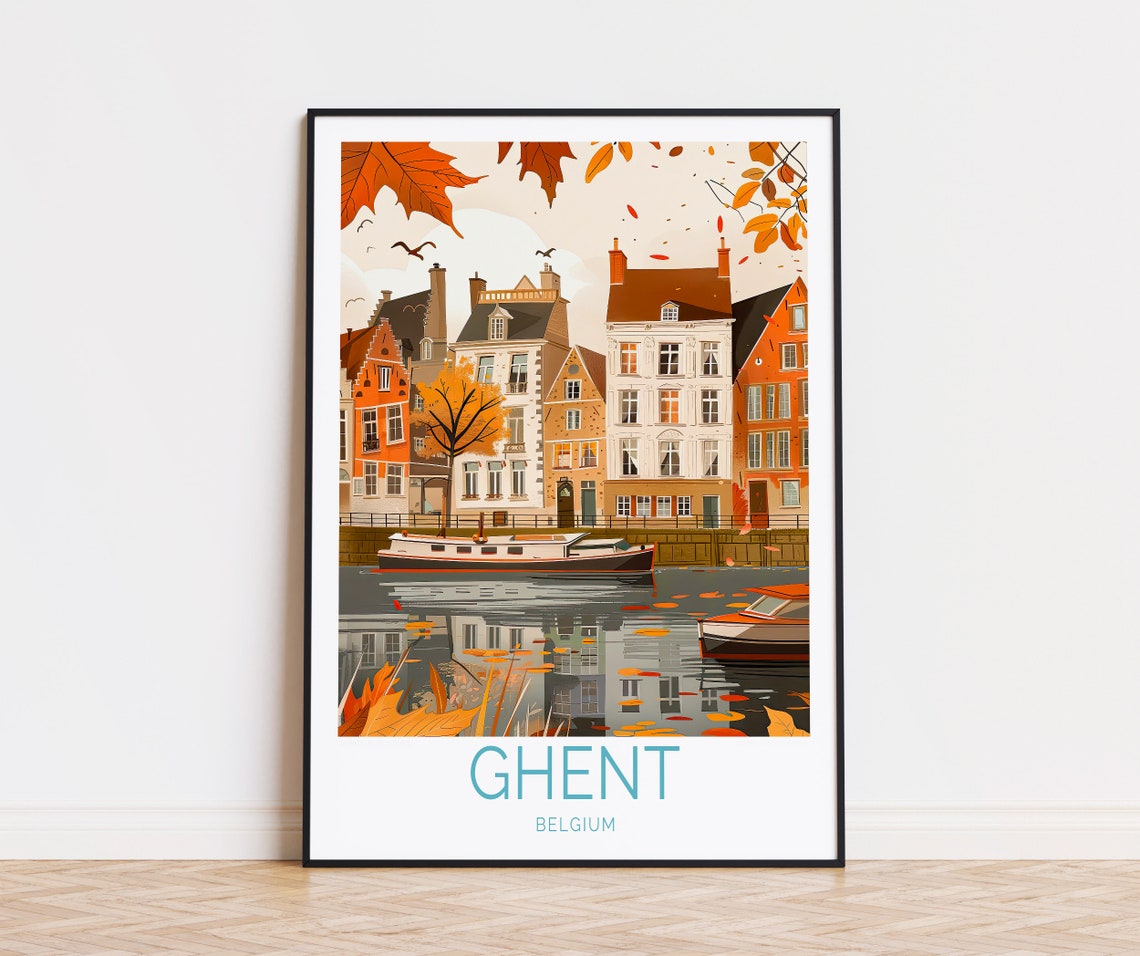 Ghent Belgium Old Town Canal with Falling Autumn Leaves Poster