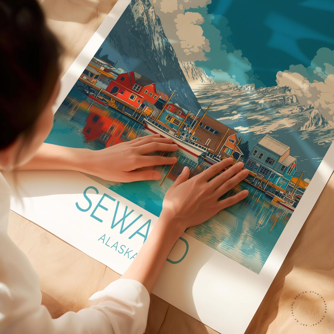 Seward Alaska Harbor Colorful Buildings Snow Peaks Travel Poster - Image 3