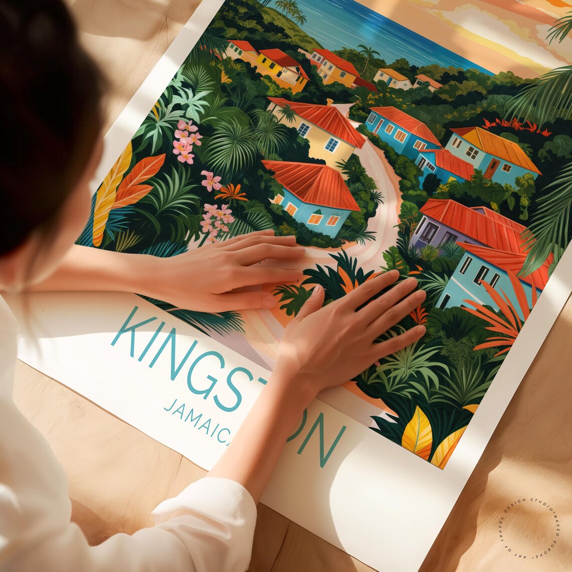 Kingston Jamaica Sunset Village Road Ocean View Tropical Travel Poster - Image 3